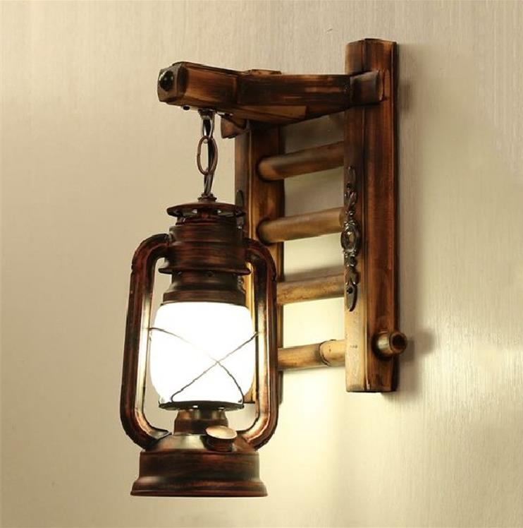 American Country Kerosene Lantern Antique Wall Lamp med Wooden Hanging Board